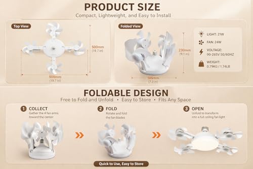 Image of Drone LED Ceiling Light with Fan | Foldable Blades | 3 Color Modes (Warm /Neutral /White) | Modern Ceiling Lamp for Bedroom, Living Room(with Remote)