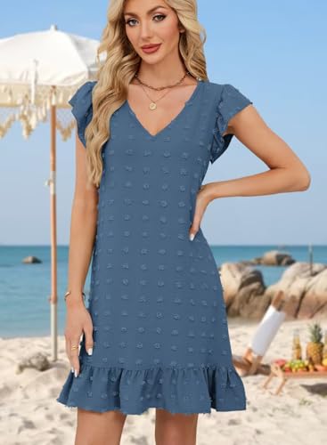 Image of QACOHU Spring Summer Dresses for Women 2026 V Neck Cap Sleeve Ruffle Hem Smock Short Casual Beach Dress