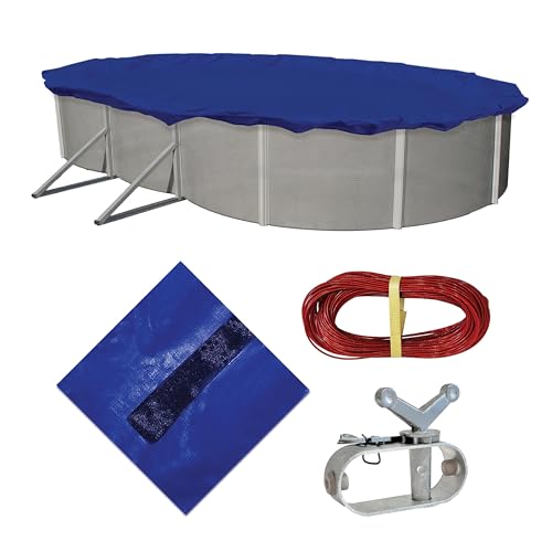 Blue Wave Gold 15-Year 18 ft x 34 ft Oval Above Ground Pool Cover for Winter– Durable & Weather-Resistant Polyethylene – 4 ft Overlap, Black Underside, Reinforced Grommets, Winch, Cable