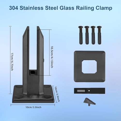 Noliven 4 Pcs Black Square Glass Railing Spigots, 304 Stainless Steel Glass Fence Clip, Glass Balustrade, Glass Clamp Kit for Balcony Deck Pool, Stairs Indoor and Outdoor, Matte Black