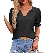 Womens Cute Tops Puff Short Sleeve Blouses for Women V Neck Dressy Casual Summer Shirts 2024