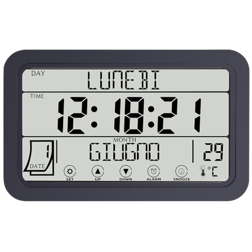 Fuloon Orologio Digitale Calendario Wireless, Grandi Cifre Orologio da Parete con Sveglia e Termometro per Anziani, Orologio Touch Screen Multilingue