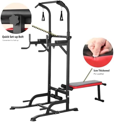 Bild 4 - Power Tower multifunktional mit klappbarem Hantelbank, Dip Station Klimmzugstange, Krafttraining Ganzköpertraining Heimfitness, inkl. Trainingsbänder, Ladekapazität bis zu 200KG