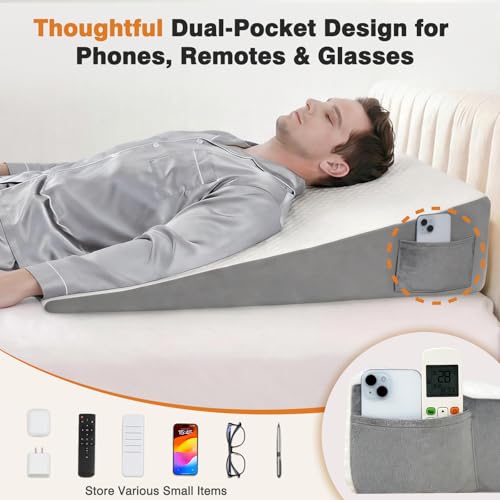 Image of Vekkia 34 inch Extra-Long Wedge Pillow for Sleeping, Body Pillow for Back & Arm Support, Elevated Pillows for Back Sleeping, Ideal for Tall Users, Washable Cover & Double Side Pockets, 7.5 inch Height