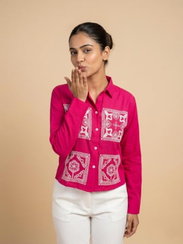 Image of Stylish Women's Embroidered Shirts | Geometric Pattern Half Sleeve Collared Button-Up Casual Shirt for Women