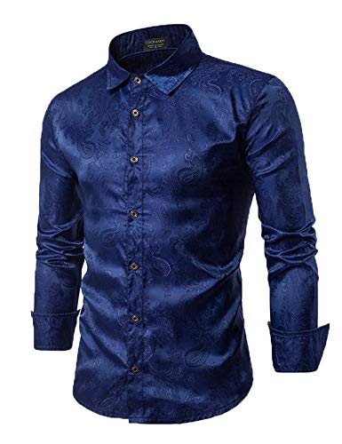 COOFANDY Mens Floral Rose Printed Long Sleeve Dress Shirts Prom Wedding Party Button Down Shirts (X-Large, Navy Blue)