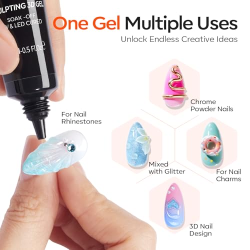 Image of modelones 2Pcs Clear 3D Gel Nail Art, Sculpting Molding Builder Gel Nail Glue for Charms Gems Chrome Powder Rhinestone No Wipe Squeeze Tube DIY & Salon Use 15g*2