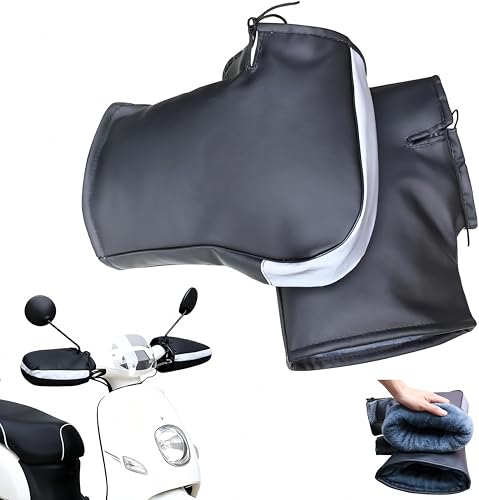 バイク用ハンドルカバー 裏起毛 防水防寒 防風 反射テープ付き ハンドルウォーマー PUレザー素材ミラー開口部調節可 色褪せない 簡単取り付け オートバイ/スクーター/原付/pcx 対応 冬用グローブ 黒 (くろ)の画像