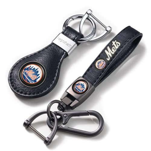 EMIJOY Mets Car Keychain Keyring for NY Mets Baseball Fans,New York Mets Car Accessories 2 Packs Leather Auto Keychain,Women/Men's Key Chains for Vehicles,Key Ring Lanyard for Auto KeyFob Holder