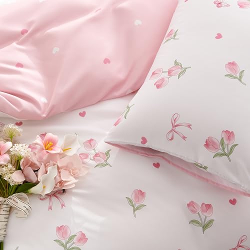 Image of Floral Duvet Cover Twin Size Pink White Flower Reversible Comforter Cover Set Butterfly Bow Heart Soft Breathable Microfiber Bedding Set with Zipper Closure and 1 Pillowcase
