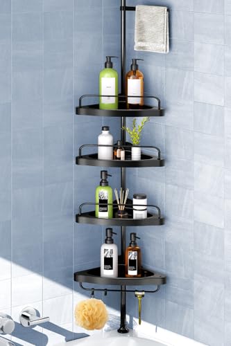 HAMITOR Corner Shower Caddy Tension Pole: Adjustable Stainless Steel Shower Organizer 4 Tier Shelf for Bathroom Bathtub Shampoo - Floor Standing Rack Bath Storage Holder with Rust Proof Rods - Black