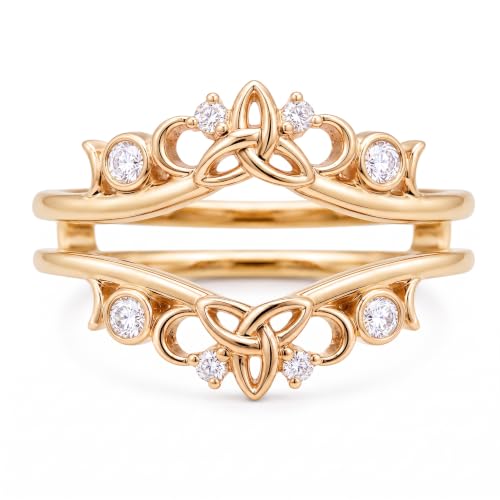 LUXE BY P&S JEWELS Celtic Knot CZ Diamond Ring Guard Curved Bridal Enhancer for Engagement Ring in 925 Sterling Silver Unique Triquetra Wedding Band 14K Yellow Gold Plated 8