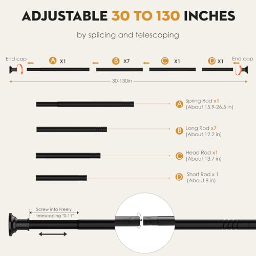 Image of Black Long Curtain Rod Tension Shower Curtain Rods 30 to 130 inch Adjustable Spring Heavy Duty Rods for Bathroom Windows Outdoor Spliced and Telescopic Design No Drill No Slip Stainless Steel