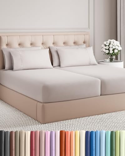 Image of Split King 7 Piece Bed Sheet Set - Comfy, Breathable & Cooling - Light Grey | Ultra-Soft Hotel Luxury Bedding Set w / 8-16 Inch Deep Pockets, 1 Flat & 2 Fitted Sheet & 4 Pillowcases, Wrinkle & Fade Free