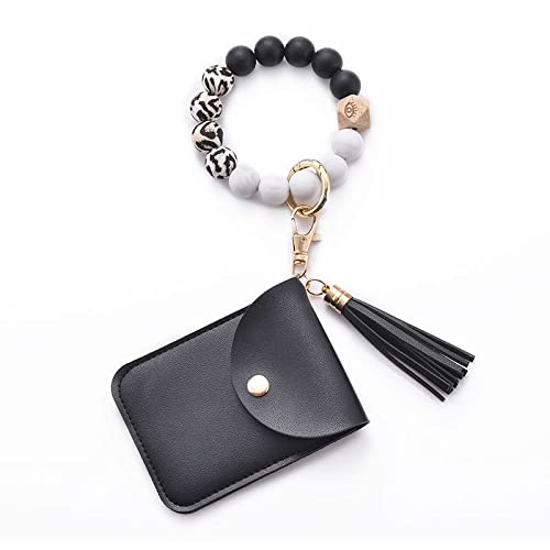 ELECDONWristlet Keychain with Wallet Keychain Bracelet Silicone Beaded Key Ring Bangle with Chapstick Holder, Key Chain Bracelet, Wooden Bead Card Case Key Ring Bracelet Document Card Holder Bracelet(Black)