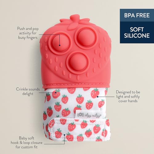 Image of Itzy Ritzy Silicone Teething Mitt - Soothing Infant Teething Mitten with Adjustable Strap, Crinkle Sound & Textured Silicone to Soothe Sore & Swollen Gums - for Ages 3 Months & Up (Strawberry)