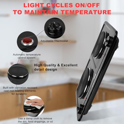 Image of Double Burner Electric Hot Plate, 1800W Cast Iron Heating with Adjustable Temperature Control, Stainless Steel Body for Home, Dorm & Commercial Use