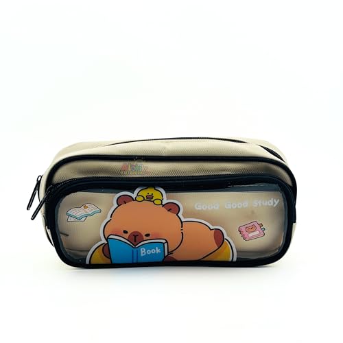 Image of Alokik Enterprise Cute Cartoon Pencil Pouch with Double Zipper & Transparent Window, Large Capacity Fabric Pen Case for School, Office, Students, Kids & Teens (Good Study Off White Pouch)