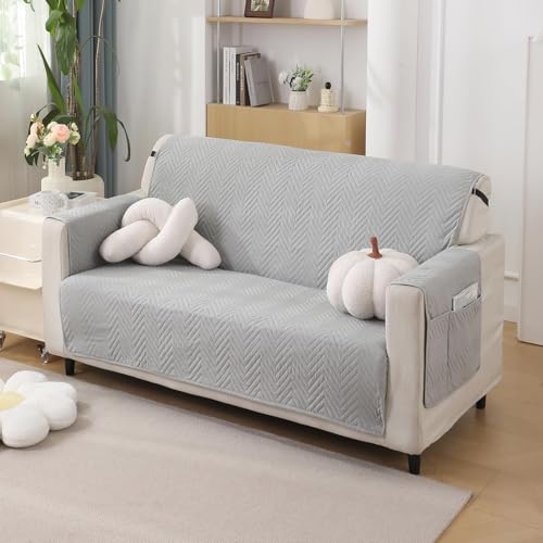 Image of HOKIPO 2 Seater Quilted Sofa Cover with Pockets, Light Grey (NEW1-802-LGRY)