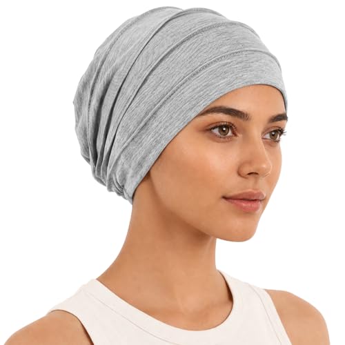 Kiiwah Chemo Headwear for Women Elastic Cotton Chemo Hats Ladies with Satin Lining Unisex Breathable Cancer Headwear with Hair Loss Soft Slouchy Hair Bonnet for Sleeping Casual Sports Grey