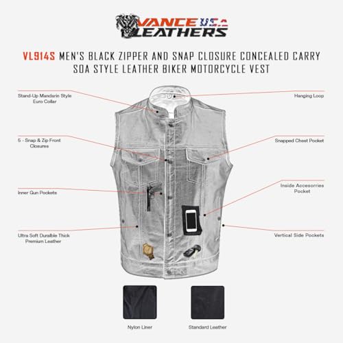 Image of Men's SOA Black Leather Motorcycle Vest with CCW Pocket, Premium Biker Club Vest with Zipper and Snap Front Closure