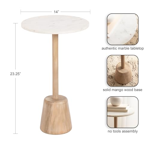 Kate and Laurel Tira Round Marble Side Table, 14 x 14 x 24, White Marble and Light Natural, Decorative Pedestal End Table for Use as a Bedroom Nightstand or Living Room Plant Stand Table by Kate and Laurel - Image 2