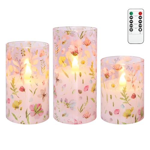 Image of Pink Flameless Candles with Remote Timer, Glass Battery Operated Candles, Pink Flower Decals LED Candles for Home Party Wedding Mother's Day Thanksgiving Decor Set of 3