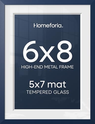 Image of Homeforia 6x8 Blue Picture Frame, High-End Metal, 5x7 Mat, Glass | High End Aluminum, Tempered Glass, Acid-Free 5x7 Removable Mat, 6x8 in Edge-to-Edge Display 8x6, Wall Kit, Set Of 2
