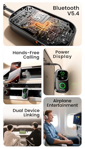 Image of Toocki Bluetooth 5.4 Adapter with LCD Display | 2-in-1 Wireless Transmitter & Receiver for TV, PC, Car Stereo, Home Audio | Supports Dual Headphones & Hands-Free Calls 3.5mm aux