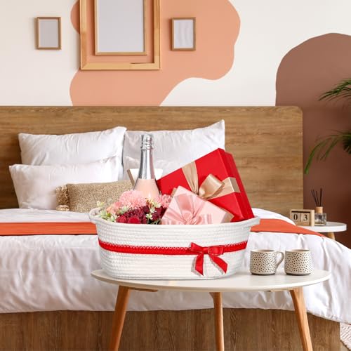 Image of Colingmill 1 Set Woven Basket for Gift Empty with Cellophane Wrap Set 14 x 10 x 5.5 Inch, Medium Decorative Gift Basket Empty to Fill, Cotton Rope Storage Box Decor (White Red)