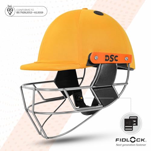 Image of DSC Empra Titanium BSI Approved Professional Cricket Helmet | BS7928 Certified Pro-Standard Hard Ball Helmet with Ultra-Light Titanium Grill & Advanced Shock Absorption | Color: Yellow | Size: M