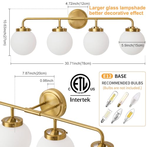 Image of Bathroom Light Fixtures 30.7in 4-Light Brushed Gold Vanity Light for Mirror | Bathroom Lighting Fixtures over Mirror, ETL, Brushed Brass Wall Sconce, Dimmable E12 Base Max 60W, Milky Glass Ball Shades