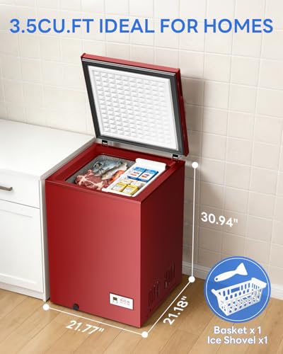 Image of Electactic 3.5 Cu.Ft Chest Freezer, 7-Grade Ultra-Low Temperature (-40F-12F), Small Deep Freezer with Removable Basket Free Standing Top open Door Perfect for Home Dorm, Office,Bar, Kitchen (Red)