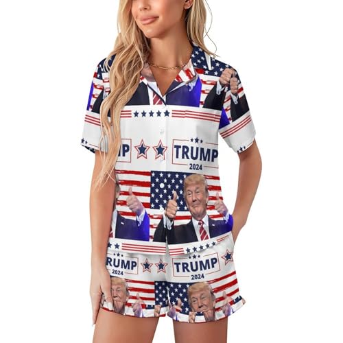 PIVUWXOB Trump Pajamas Set for Women Button Down Short Sleeve Top And Shorts Pjs Sets Sleepwear L