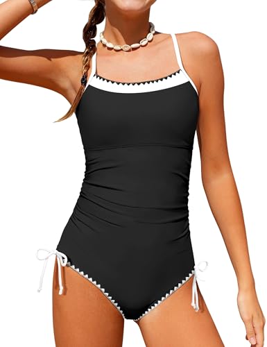 Image of BAVADER Girls Swimsuit One Piece Modest Girls Bathing Suit Solid Square Neck Ruched Adjustable Straps Padded Swimwear 9-16y