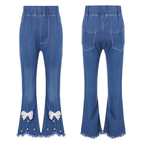 Loyan Kids Girls Fashion Leggings Ruffle Flare Raw Hem Denim Pant High Waisted Trousers Casual Bell Bottom Jeans