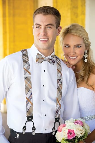 HISDERN Bow tie and Suspenders for Men Plaid Suspender Self Bowtie Pocket Square Adjustable Y Shape Mens Trouser Braces