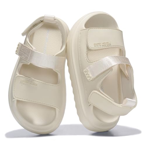 Project Cloud Sandals for Girls - Lightweight Adjustable Straps Kids Sandals - Water-Resistant Girls Slides and Non-Slip Slides for Kids (Little Goldie OFF WHITE 4K)