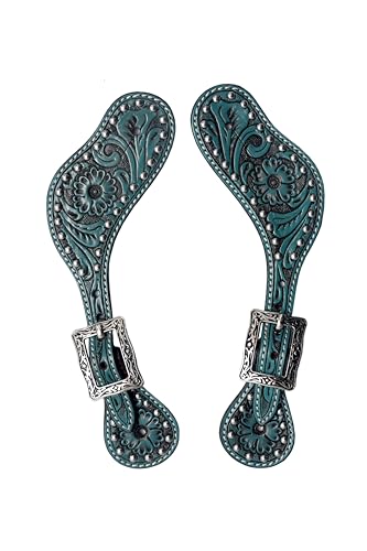 BLACK HOOF | Turquoise | Floral Tooled Leather Spur Straps with Silver Spots for Horse Riders | Western Men, Women, Adjustable Single Ply Spur Straps | Equestrian Accessories - image 1