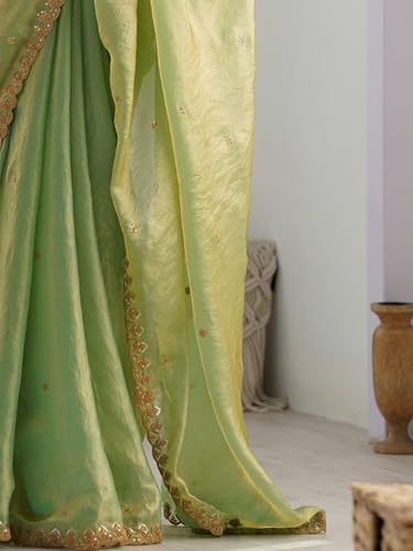 Image of AKHILAM Women's Light Green Paper Silk Embroidered Saree With Unstitched Blouse Piece