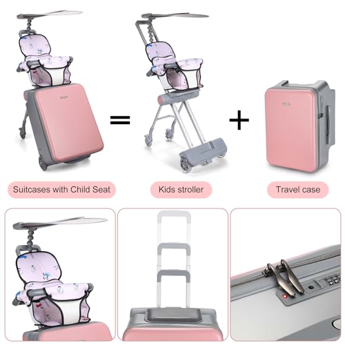 Image of 20 Inch Carry on Luggage with Seat for Kids Expandable Ride on Suitcase with Spinner Wheels and Locks for Travel, Pink, 18.5 x 13.39 x 35.83 inches, Sunshade Style