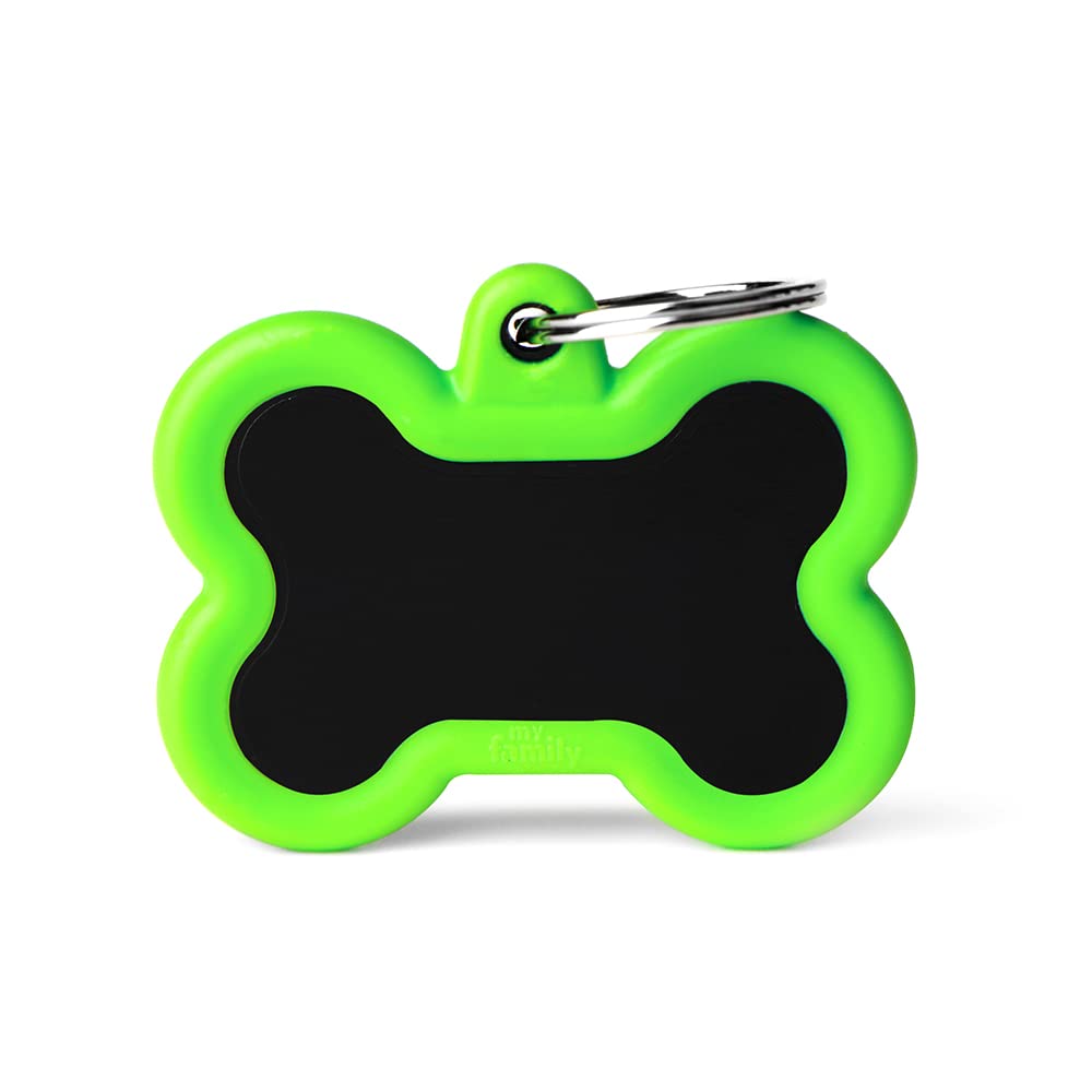 My Family Personalized Dog ID Tag Made in Italy - Black & Green Bone - Free Engraved Dog Tag - Aluminum & Rubber - Hushtag Collection