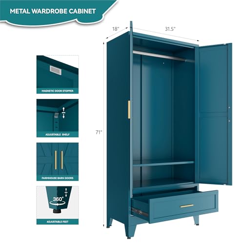 Image of Blue Metal Wardrobe Closet for Bedroom, 71 inch Freestanding Armoire Wardrobe with Drawer and Shelf, Hanging Rod Clothing Storage Cabinet with Two Doors, Tall Farmhouse Clothes Cabinet Bedroom Armoires