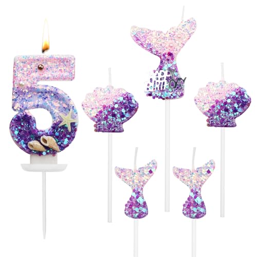 QEEYON 6Pcs Birthday Candles 2.5 inch Mermaid Theme Cake Candles for Birthday Cake Topper Decor- 1Pcs Number 5, 3Pcs Mermaid Tails, 2Pcs Shells