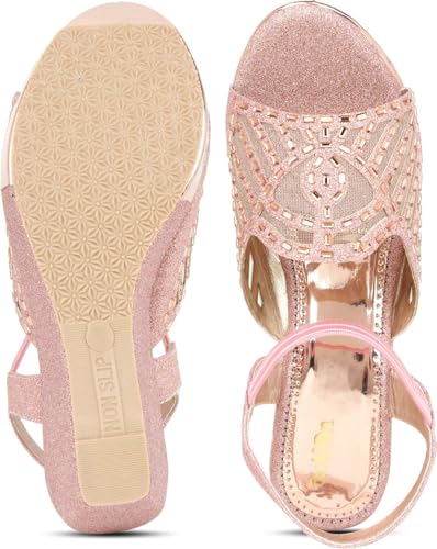 Image of Action Women's Glitter Platform Sandals| Block Heel|Cross-Strap Design with Ankle Strap| Bronze