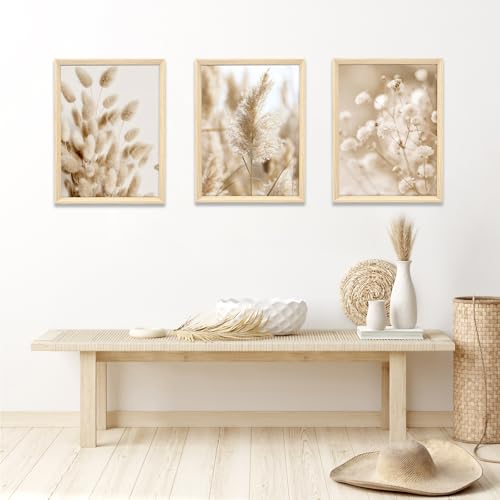 3 Pcs Framed Canvas Wall Art Botanical Wildflower Canvas Prints Beige Pampas Grass Sage Floral Pictures for Living Room Bedroom Kitchen Hallway Wall Decor 90x40cm(12"x16"x3pcs) (No Plexiglass) - Image 2
