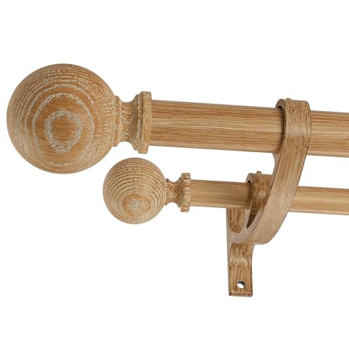Double Wood Curtain Rods for Windows 36 to 72 Inches,1 Inch Front and 5/8 Inch Back Farmhouse Wooden Curtain Rod with Imitation Wood Grain Ball Finials and Double Aluminum Bracket,Light Wood Grain