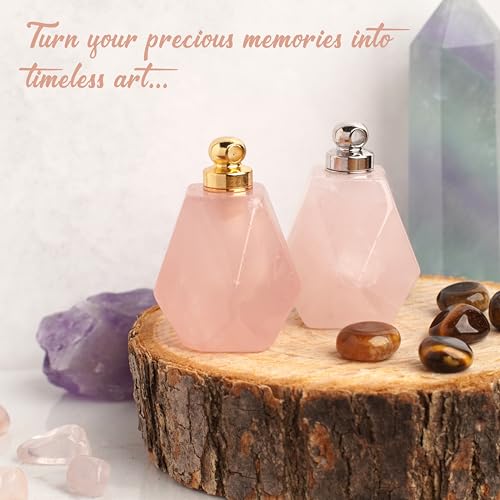 BOHO GARDEN Crystal Keepsake Urn - Wearable Small Container for Ashes, Memorial Urns Made from Real Crystal Material - Includes Spoon, Stick, Funnel & Storage Box (Rose Quartz (Gold))