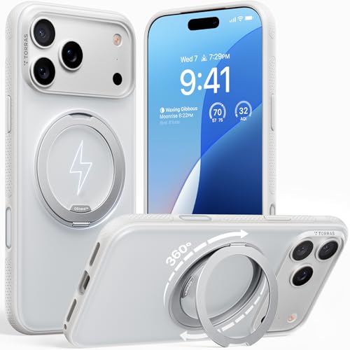TORRAS iPhone 17 Pro 用ケース 【カチカチ・多機能360度回転スタンド】リング Ostand O3 Fitness MagSafe対応 米軍MIL規格耐衝撃 スタンド 指紋防止 黄変防止 カメラコントロールボタン付き ストラップホール 半透明 撮影/動画視聴/日常の記録 手のひらサイズの映像革命 ホワイト