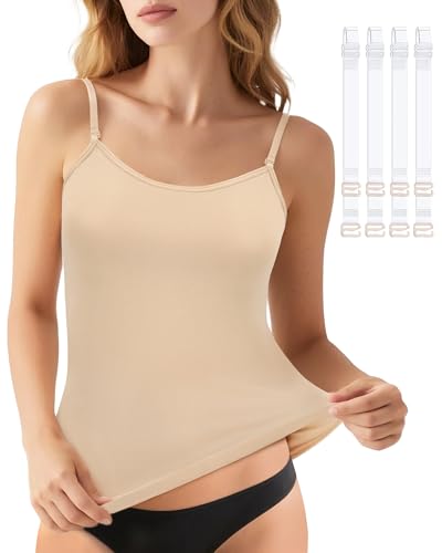 iMucci Camisole Tops for Women Nude Tank Top Double Lined Scoop Neck Spaghetti Strap Tank Top with Adjustable Clear Straps